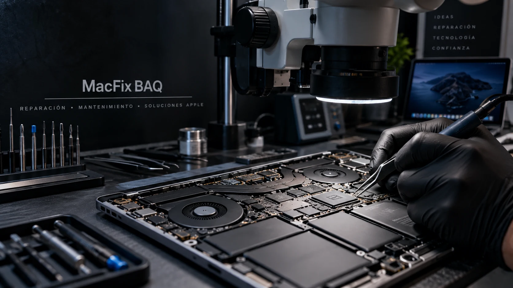 Taller de reparación electrónica de MacBook con microscopio