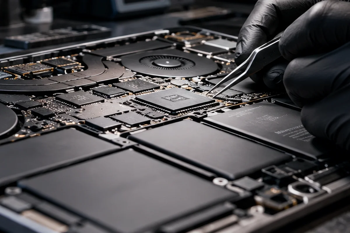 Placa lógica MacBook bajo inspección técnica
