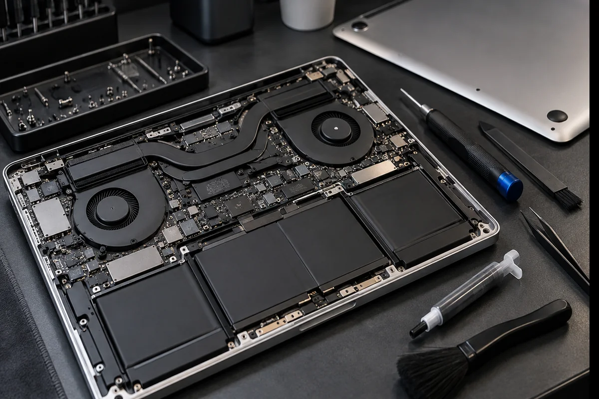 MacBook abierto para limpieza y mantenimiento interno